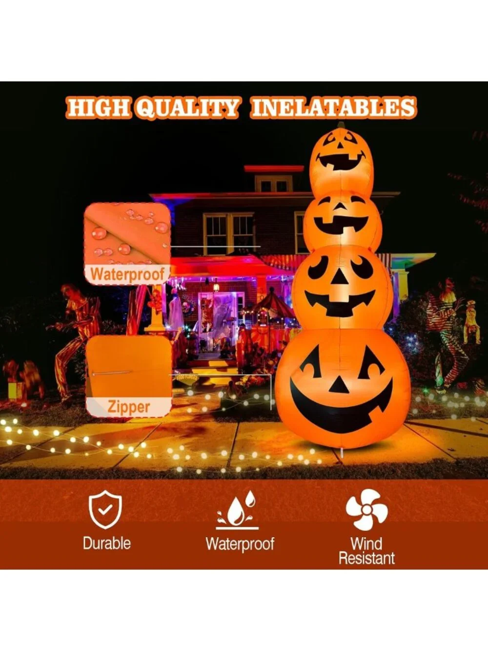 12FT Inflatable Stacked Pumpkin Decoration with LEDs for Halloween Outdoor Party